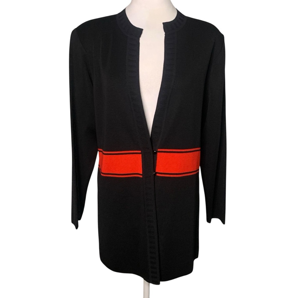 Misook Women’s Medium Black & Red Stripe Knit Cardigan Classic Modest Mature
